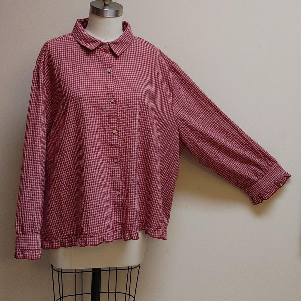 Buykud Tan & Red Seersucker Top Ruffle Hem & Cuff XXXL